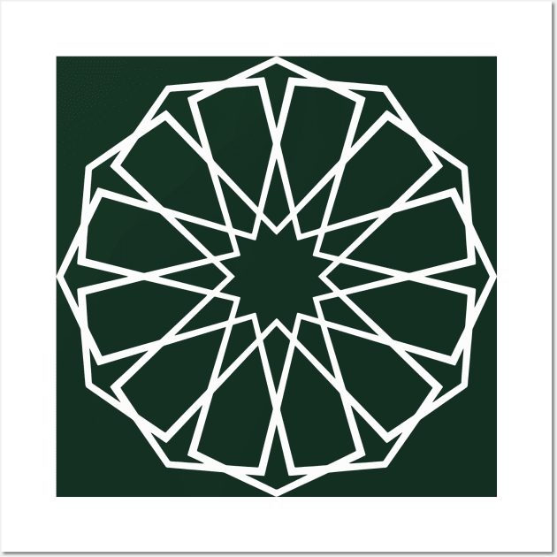 White Islamic Geometric Pattern Stars on Green Background Wall Art by Tilila